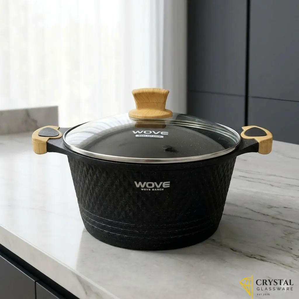 Wove branded non-stick granite casserole pot with a glass lid and wooden handles - 28 cm